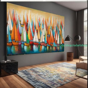 Large Sailboat Party art On Canvas Colorful Sailboats & Harbor Painting Nautical Landscape artwork Summer l311