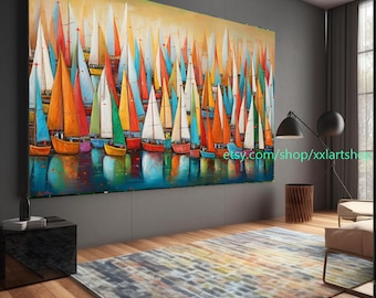 Grande festa in barca a vela su tela Barche a vela colorate e pittura portuale Opera d'arte di paesaggio nautico Estate l311