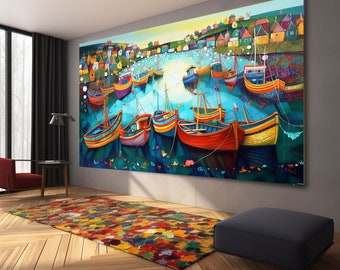 boats Party art On Canvas Colorful boats & Harbor Painting Nautical Landscape artwork Summer l336