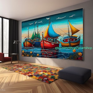 Large Sailboat Party art On Canvas Colorful Sailboats & Harbor Painting Nautical Landscape artwork Summer l344