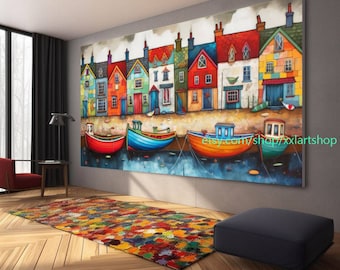 boats Party art On Canvas Colorful boats & Harbor Painting Nautical Landscape artwork Summer l429
