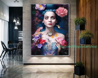 Alice in Wonderland Canvas Art: Modern Floral Portrait Print