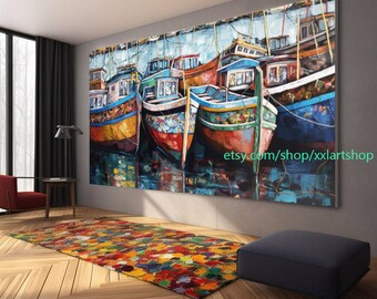 boats Party art On Canvas Colorful boats & Harbor Painting Nautical Landscape artwork Summer l421