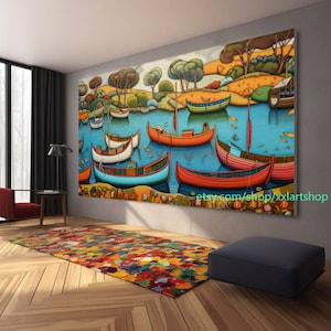 Los barcos se reúnen en el paisaje del puerto. Obra de arte, pintura abstracta de barco, arte mural náutico l304