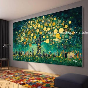May include: A painting of a large, green tree with yellow and gold circles on its branches. The tree is surrounded by a group of people standing in a field of flowers. The painting has a whimsical and magical feel.