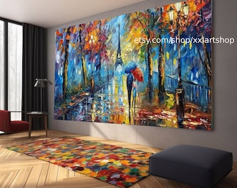 May include: A colourful painting depicting a couple strolling under an umbrella on a Parisian street. The Eiffel Tower can be seen in the background. The artwork is painted in a vibrant style with bold brushstrokes and bright colours. The painting is titled "Parisian Romance" and is available to purchase on Etsy.
