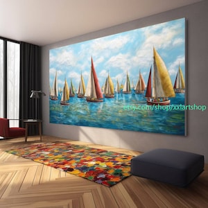 Large Sailboat Party art On Canvas Colorful Sailboats & Harbor Painting Nautical Landscape artwork Summer l419