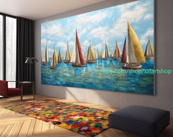 Large Sailboat Party art On Canvas Colorful Sailboats & Harbor Painting Nautical Landscape artwork Summer l419