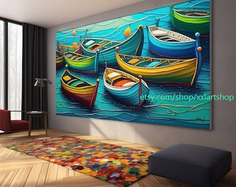 boats Party art On Canvas Colorful boats & Harbor Painting Nautical Landscape artwork Summer l376