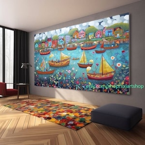 boats gather in the harbor landscape Artwork, boat abstract painting, Nautical Wall Art l302s2