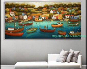 boats Party art On Canvas Colorful boats & Harbor Painting Nautical Landscape artwork Summer l354