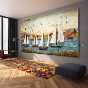 Large Sailboat Party art On Canvas Colorful Sailboats & Harbor Painting Nautical Landscape artwork Summer l417