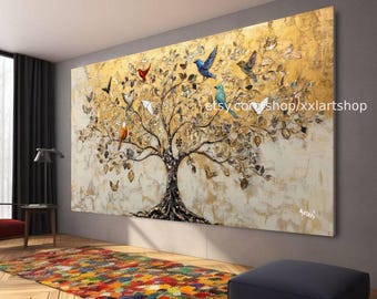 Árbol de la vida de Klimt, lienzo pintado a mano en acrílico con detalles dorados