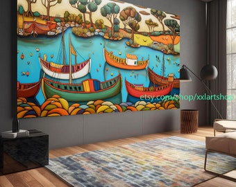boats Party art On Canvas Colorful boats & Harbor Painting Nautical Landscape artwork Summer l335