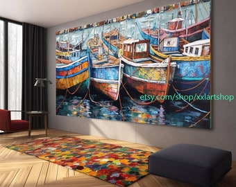 boats Party art On Canvas Colorful boats & Harbor Painting Nautical Landscape artwork Summer l444
