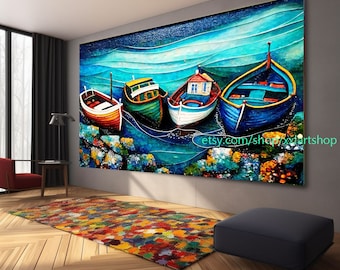 boats Party art On Canvas Colorful boats & Harbor Painting Nautical Landscape artwork Summer l437