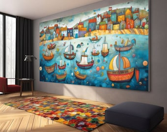 boats Party art On Canvas Colorful boats & Harbor Painting Nautical Landscape artwork Summer l427