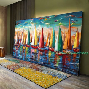 Los veleros se reúnen en el paisaje del puerto. Obra de arte, pintura abstracta de barco, arte mural náutico l305