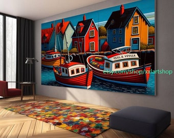 boats Party art On Canvas Colorful boats & Harbor Painting Nautical Landscape artwork Summer l373