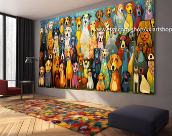 Canvas wall art a large group of dogs, in the style of pop art inspired figurative works, dark amber and green, #ti2-17