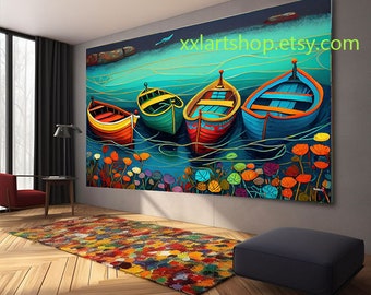 boats Party art On Canvas Colorful boats & Harbor Painting Nautical Landscape artwork Summer l1342