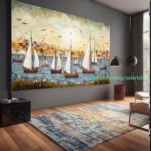 Original Sailboats gather in the harbor landscape Artwork, Large sailboat abstract painting, Nautical Wall Art l312f
