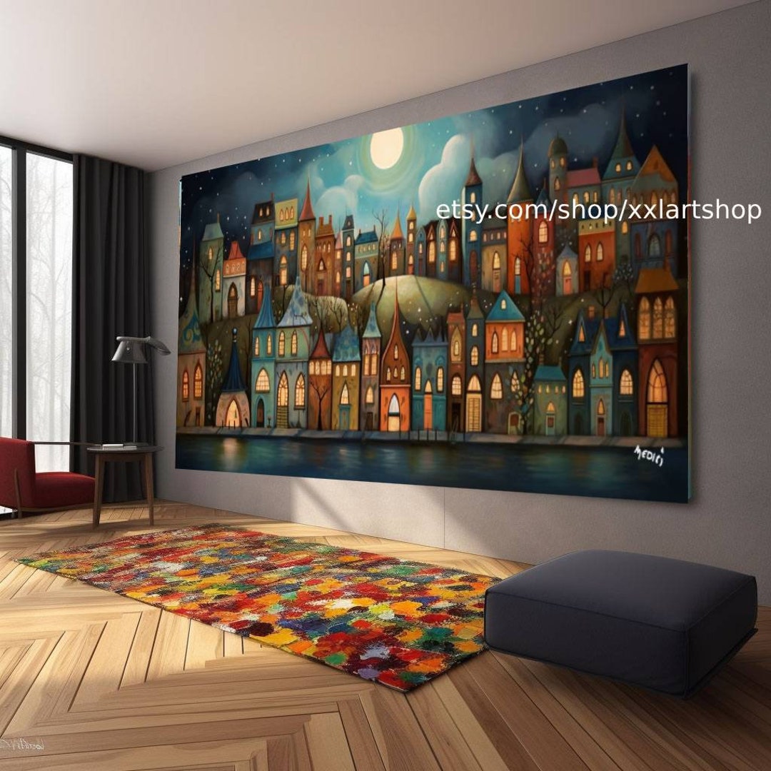 Canvas Wall Art Cityscapes, Romantic Moonlite Seascapes, Dark Turquoise ...