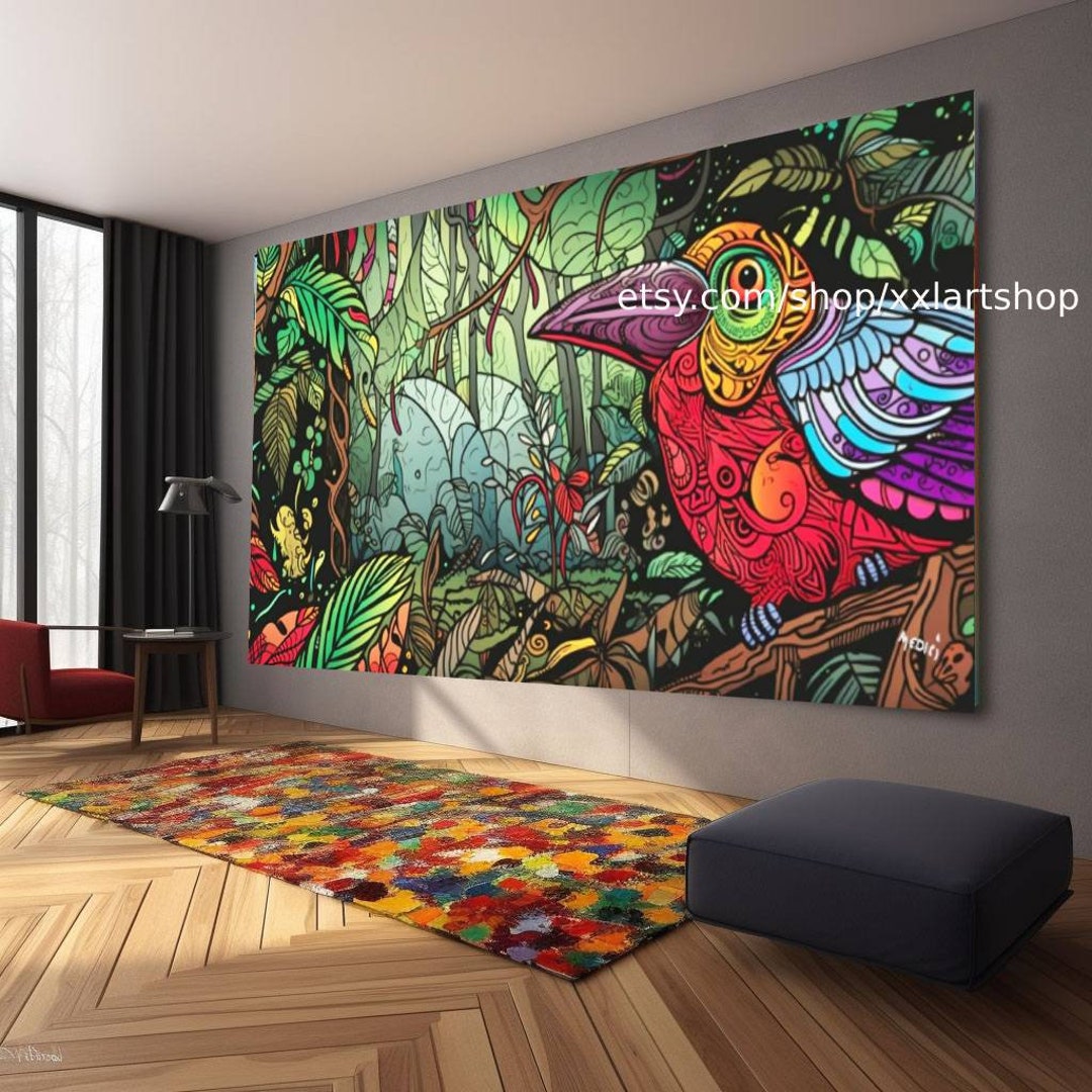 Illustration of a Colorful Bird Sitting in an Old Tree, in the Style of ...