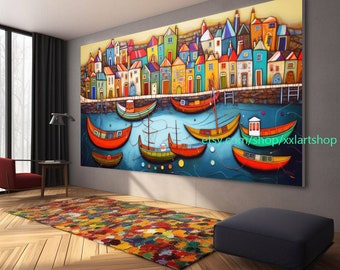 boats Party art On Canvas Colorful boats & Harbor Painting Nautical Landscape artwork Summer l420
