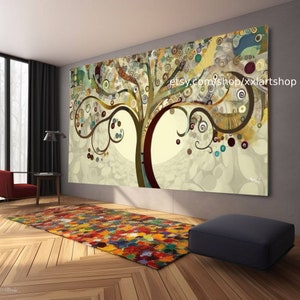 May include: Abstract art print of a stylized tree with swirling branches and colorful dots on a beige background. The print features a light brown frame and the text "etsy.com/shop/xxlartsshop".