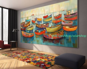 boats Party art On Canvas Colorful boats & Harbor Painting Nautical Landscape artwork Summer l426