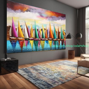 Large Sailboat Party art On Canvas Colorful Sailboats & Harbor Painting Nautical Landscape artwork Summer l314