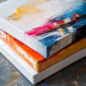 May include: Three canvases stacked on top of each other. The top canvas is painted with abstract brushstrokes in shades of blue, pink, and yellow. The middle canvas is orange, and the bottom canvas is white.
