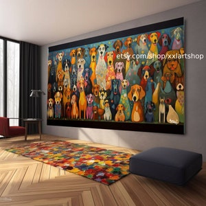 Canvas wall art a large group of dogs, in the style of pop art inspired figurative works, dark amber and green, #ti2-17