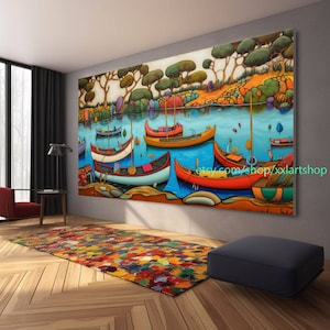 boats Party art On Canvas Colorful boats & Harbor Painting Nautical Landscape artwork Summer l356