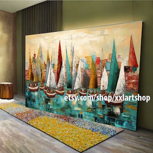 Original Sailboats gather in the harbor landscape Artwork, Large sailboat abstract painting, Nautical Wall Art l309