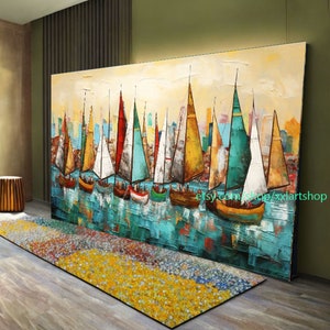 Original Sailboats gather in the harbor landscape Artwork, Large sailboat abstract painting, Nautical Wall Art l306a