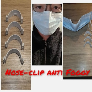 May include: Four white plastic nose clips for face masks, a blue face mask with a white nose clip, and a person wearing a blue face mask with a white nose clip. The text "NOSE-CLIP ANTI FOGGY" is written in red letters below the image.