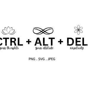 Könnte beinhalten: Ein minimalistisches Schwarz-Weiß-Grafikdesign mit dem Text "CTRL + ALT + DEL" und den Wörtern "your thoughts", "your attitude" und "negativity". Das Design beinhaltet eine Lotusblume, ein Unendlichkeitssymbol und eine Blume.