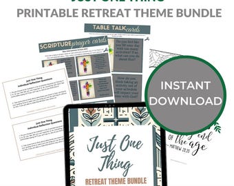 May include: A printable retreat theme bundle with the title "Just One Thing" in a blue and white floral pattern. The bundle includes table talk cards, scripture prayer cards, and individual reflection questions. The text "Instant Download" is in a white circle with a green outline.