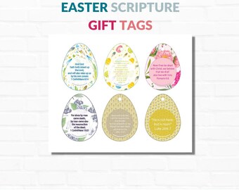 Puede incluir: Seis etiquetas de regalo de huevo de Pascua imprimibles con versículos bíblicos. Cada etiqueta presenta un diseño floral diferente y un versículo de la Biblia. Las etiquetas son perfectas para agregar un toque especial a los regalos de Pascua.
