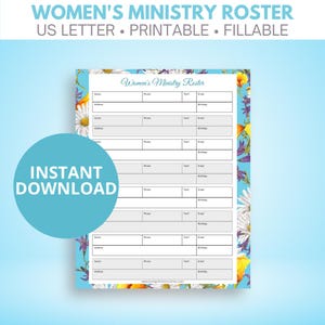 Christliche Frauen Dienst Dienstliste - AUSFÜLLBARE PDF - Sommer Blau Floral, Sofort-Download