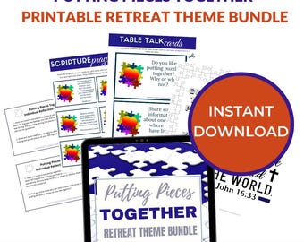 May include: Printable retreat theme bundle with a blue background and a puzzle piece design. The bundle includes table talk cards, individual reflection cards, and a scripture prayer card. The text "Putting Pieces Together" is featured on the cover of the bundle. The text "Instant Download" is featured on a red circle.