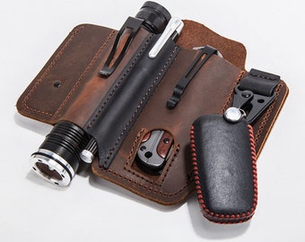 Personalized Handmade EDC Leather Pouch - EDC Belt Organizer - Fit for Torch Light + Pen + Tool+ Keychain/Bag