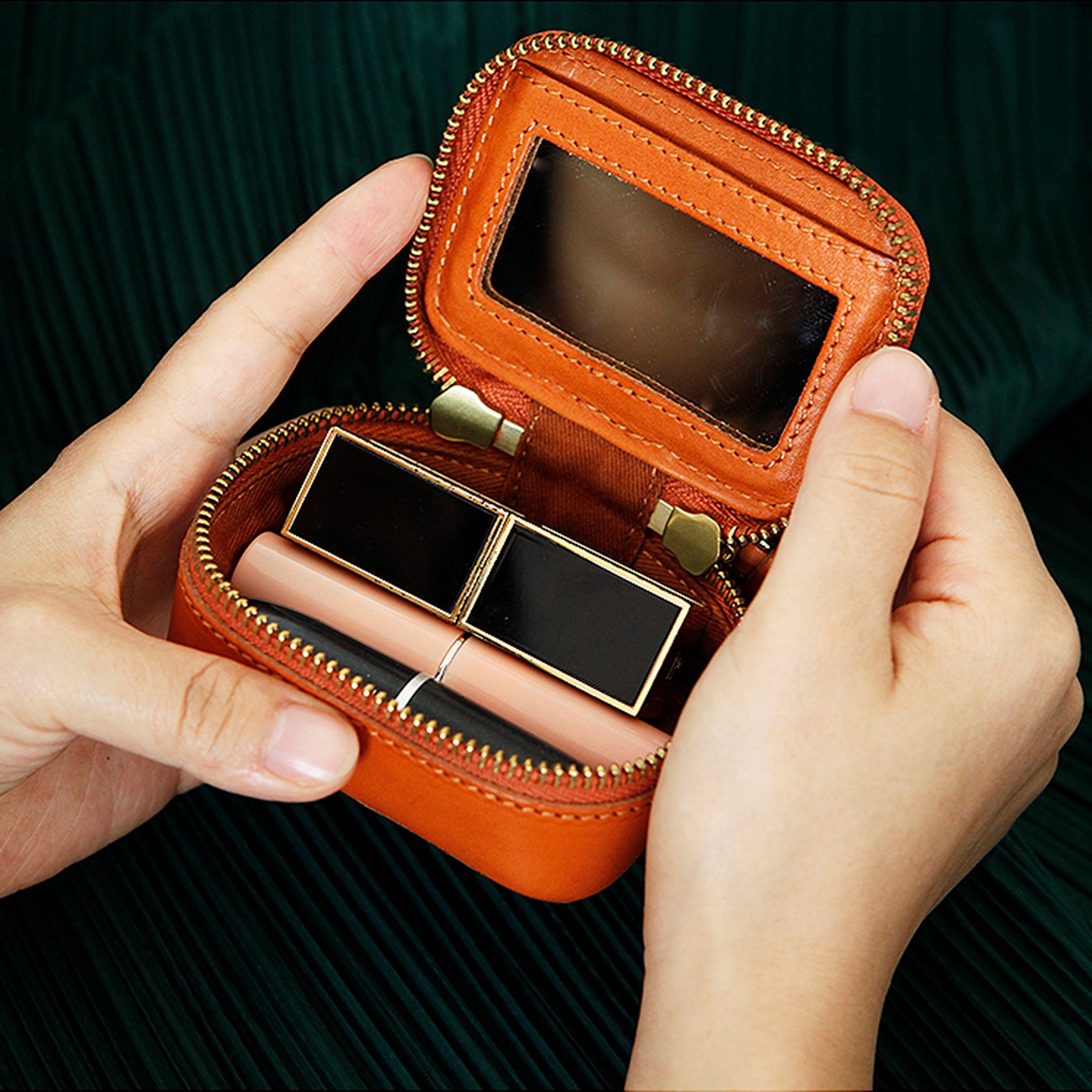 Leather Lipstick Case with Mirror Double Tassel Zipper | Etsy
