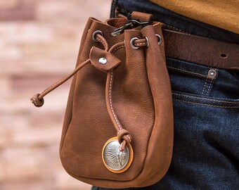 Leather Belt Pouch,  Drawstring Belt Bag with Hang Buckle,  Handmade EDC Leather Bag