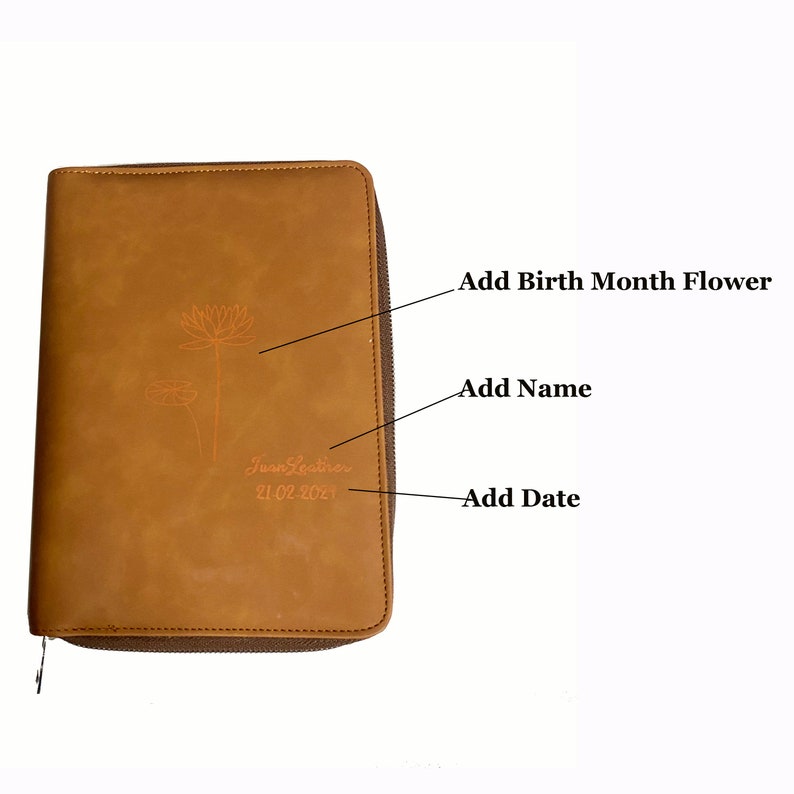 Personalized Leather A5 Notebook, Birth Month Flower Journal Notebook, Customizable Refillable Notebook Cover with Card Slot, Birthday Gift image 8