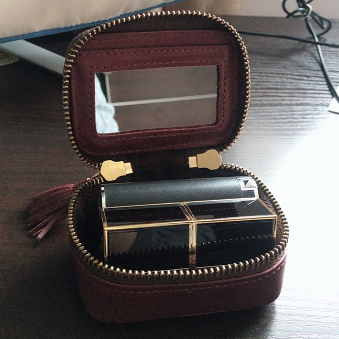 Leather Lipstick Case with Mirror Double Tassel Zipper Etsy