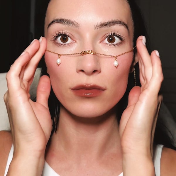Goldene Gesichtskette mit Perlenanhängern, Gesichtskette aus Edelstahl, Nasen- und Gesichtsschmuck