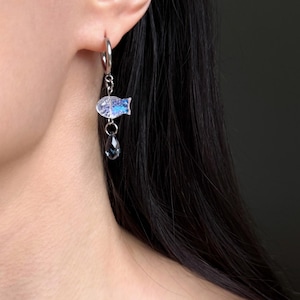 Silver sardine fish earrings, glass fish drop earrings, quirky vintage fish hoops